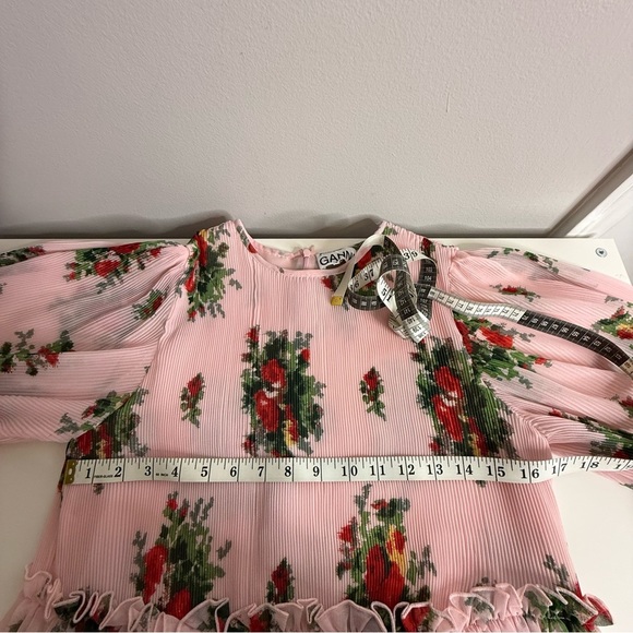 GANNI Floral-Print Pleated Georgette Ruffle Tiered Short Dress Size US 4 - Picture 12 of 14